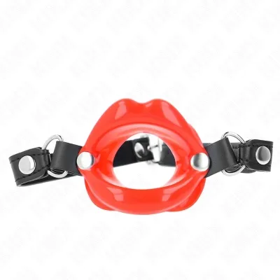 Red gag with black strap and metal rings, on a white background.