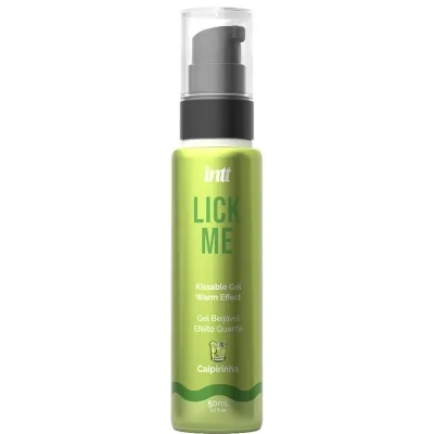 Green bottle with the inscription "Lick Me" and "Kissable Gel Warm Effect", 50 ml, Caipirinha flavor.