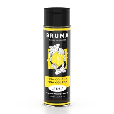 Flasche Bruma 3-in-1 Massageöl, Piña Colada Duft, 100 ml, schwarzes Design mit gelben Akzenten.