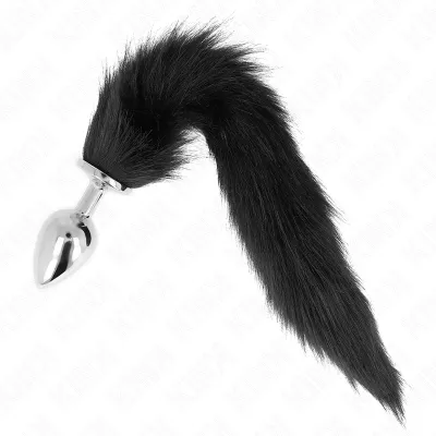 Silver plug with a long, black, fluffy tail.