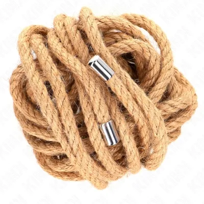 A coiled rope made of natural fibers with two silver end caps.