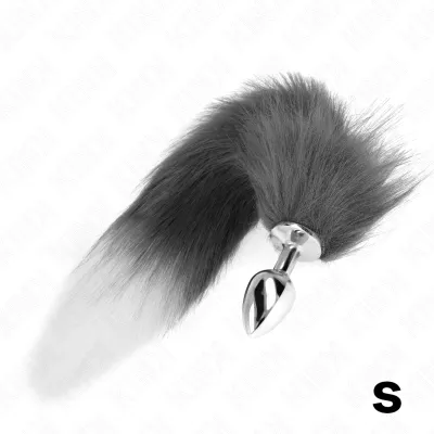 Grauer, flauschiger Schwanz mit metallischem Griff, Größe S, auf weißem Hintergrund.