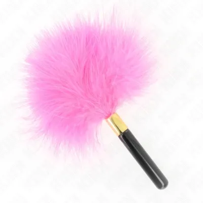 Pink feather duster with black handle and gold connection on a white background.