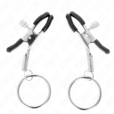 Two silver clips with black handles and metal rings on a white background.
