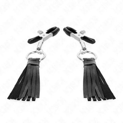 Two black tassels with metal clips on a white background.