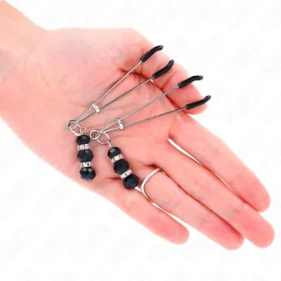 Golden nipple clamps with 3 black glass beads, 7cm – Kink