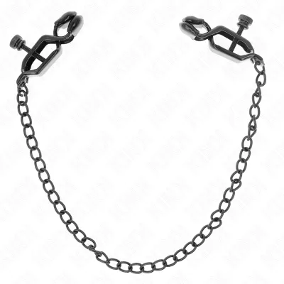 Black metal clips with chain, on a white background.