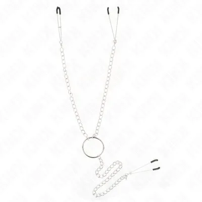 Silberne Kette mit zwei Klammern und einem Ring in der Mitte, auf weißem Hintergrund.