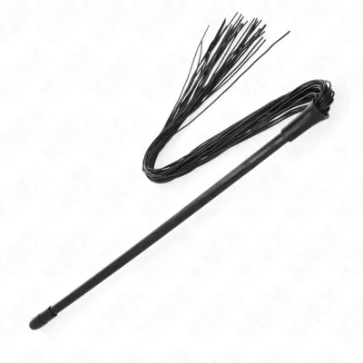 Black whip with a long handle and many thin straps, on a white background.