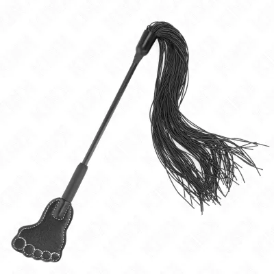 Black whip with leather handle and fringe, foot-shaped end, on a white background.