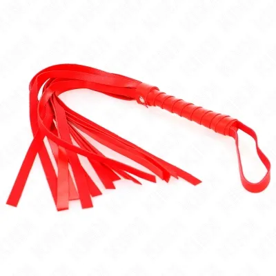 Red whip with multiple straps and a handle, on a white background.