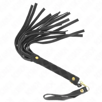 Black leather whip with multiple straps and a handle with gold rivets.