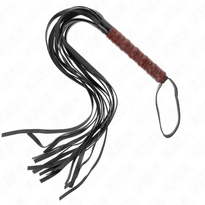 Black whip with multiple straps and brown handle, on a white background.