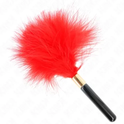 Red feather duster with black handle on a white background.