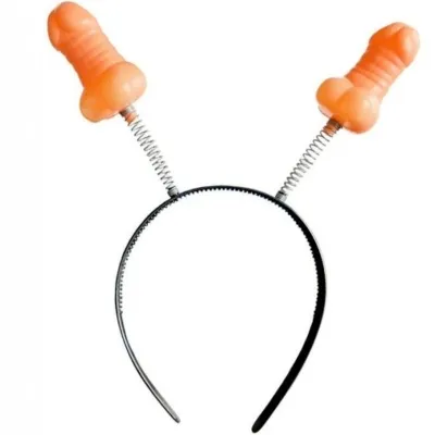Black headband with two springy, flesh-colored, phallus-shaped pendants.