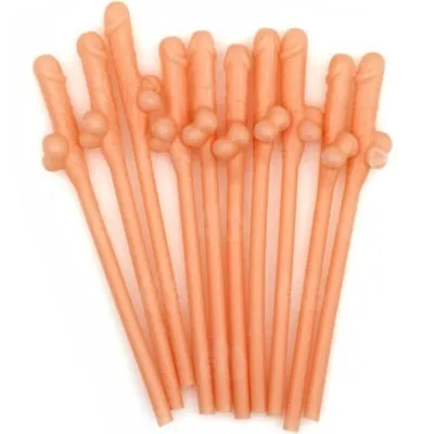 Eleven orange straws in the shape of a penis, on a white background.