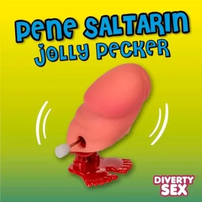 Spielzeug in Penisform mit Aufziehmechanismus, Text: "Pene Saltarín Jolly Pecker", Marke: Diverty Sex.