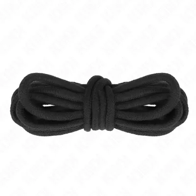 Black rope, neatly coiled and tied in the middle, against a white background.