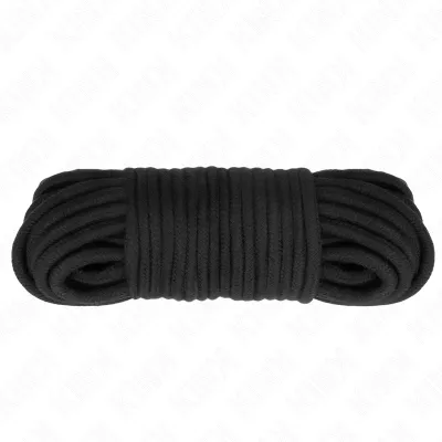 Black, coiled rope on a white background.