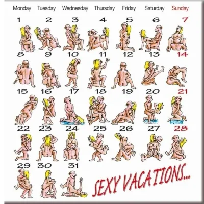 Calendar with humorous illustrations of couples in various poses, titled "Sexy Vacations".