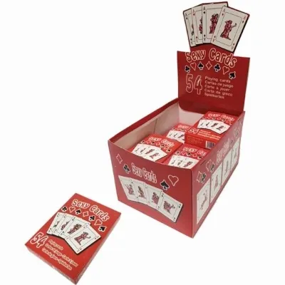 Rote Box mit "Sexy Cards", 54 Spielkarten, mehrere Kartensets sichtbar, einige Karten zeigen Illustrationen.