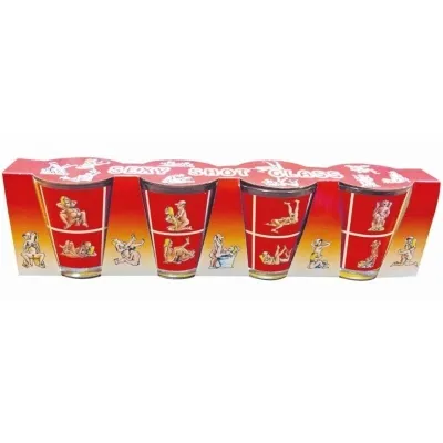 Four red shot glasses with erotic illustrations in a package.