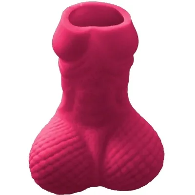 Pink silicone case in the shape of a muscular torso with a ribbed design.