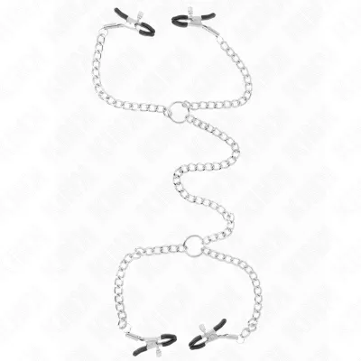 Silver chain with four black clasps connected by rings, on a white background.