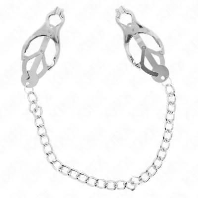 Silver clips with chain on a white background.
