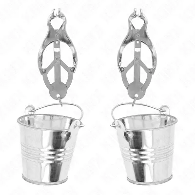 Two silver metal tongs with small buckets hanging from them against a white background.
