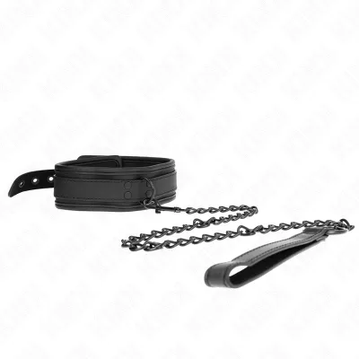 Black collar with chain and handle on a white background.