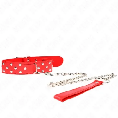Red collar with studs and chain, connected to a red handle.