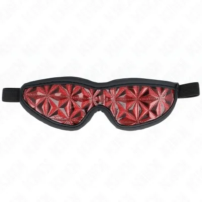Schlafmaske mit rotem geometrischem Muster und schwarzem Rand, elastisches Band zur Befestigung.
