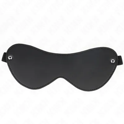 Schwarze Augenmaske aus Leder mit Nieten an den Seiten, vor weißem Hintergrund.