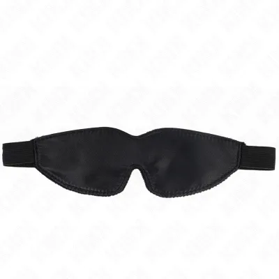 Black eye mask with elastic band, on a white background.