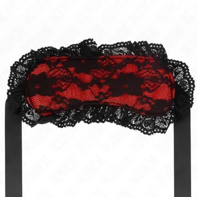 Red eye mask with black lace and ribbons, decorated with floral patterns.