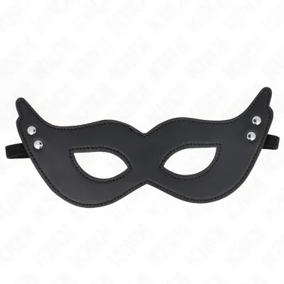 Schwarze Augenmaske mit geschwungenem Design und Nieten, auf weißem Hintergrund.