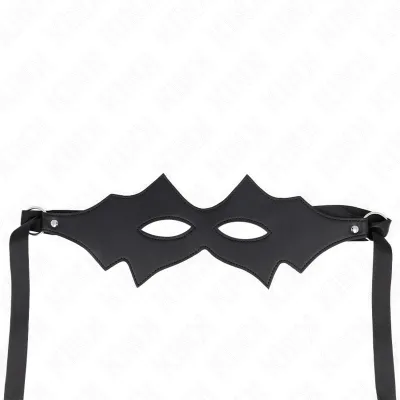 Schwarze Augenmaske mit spitzen Kanten und Bändern, vor weißem Hintergrund.