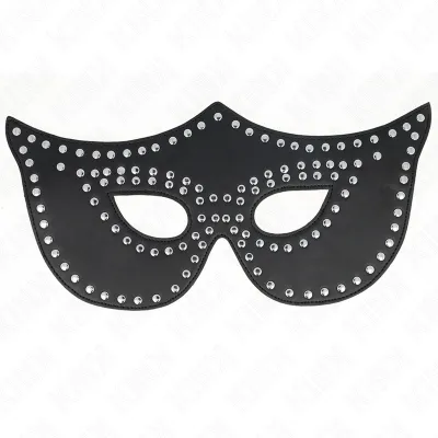 Black eye mask decorated with silver studs, on a white background.