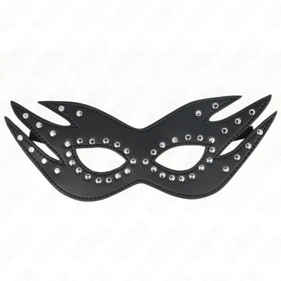 Schwarze Augenmaske mit spitzen Enden und silbernen Nieten verziert.