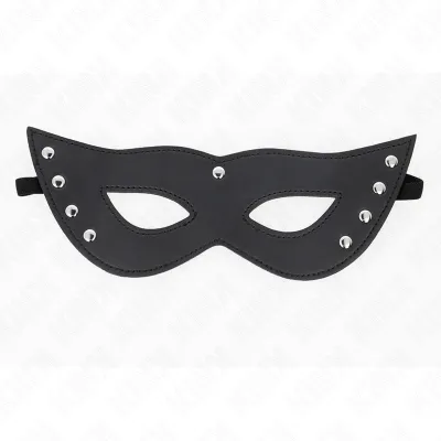 Schwarze Augenmaske mit Nieten, katzenartige Form, auf weißem Hintergrund.