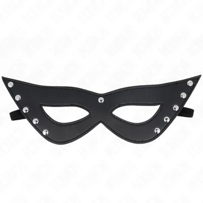Black eye mask with pointed ends and silver studs, on a white background.