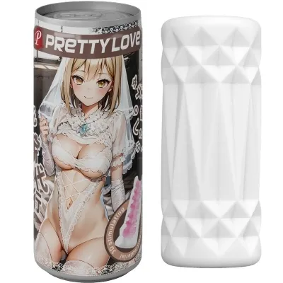Can with an anime character in a wedding dress and a white, textured container next to it.