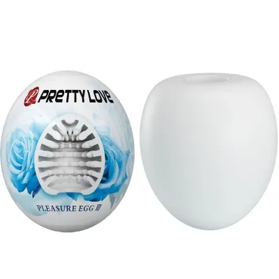Weißes Ei mit blauen Rosen, Text "Pretty Love Pleasure Egg III", daneben ein offenes, strukturiertes Ei.