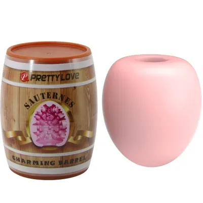 A wooden barrel with "Pretty Love" and a pink egg-shaped object placed side by side.