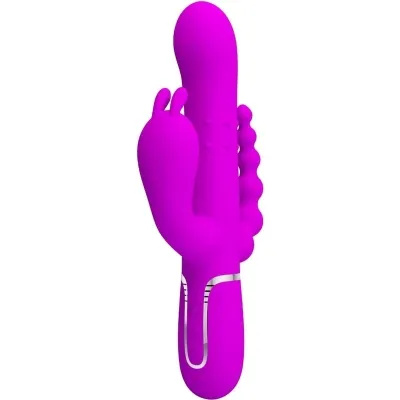 Lila Vibrator mit Hasenohren und strukturiertem Schaft, seitliche Noppen, ergonomisches Design.