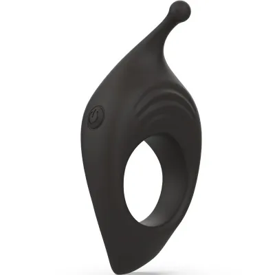 Black silicone vibration ring with button and curved tip, isolated on a white background.