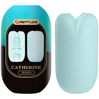 Two blue products, one in packaging labeled "Pretty Love Catherine Masha", the other without packaging.