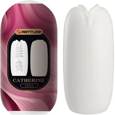 Two white, cylindrical objects, one with pink packaging and the inscription "Pretty Love Catherine Olga".