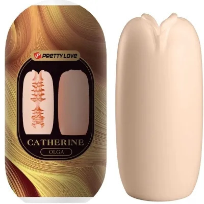 Packaging and product of a massage device with the inscription "Pretty Love Catherine Olga" and a structured design.